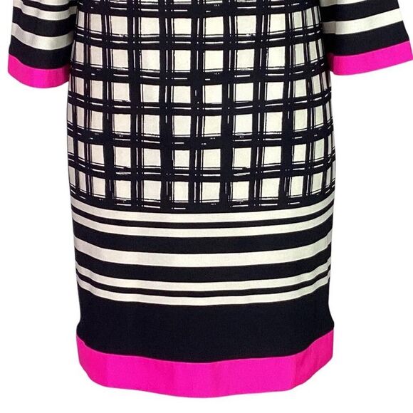 Eliza J Shift Dress Womens 8 Black Ivory Pink Trim Geometric 3/4 Sleeve Stretch - Picture 3 of 9